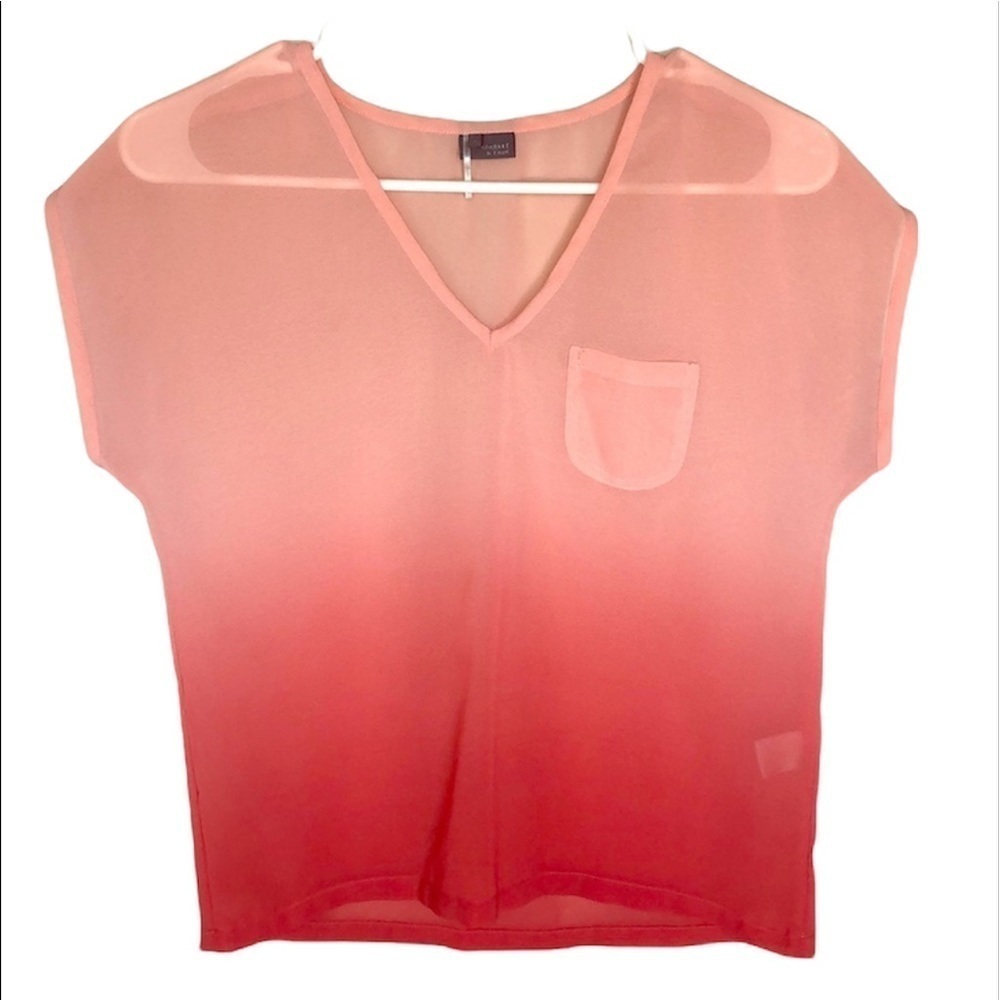 2/$15 Sparkle & Fade Ombré V-Neck Short Sleeve Blouse XS Lightweight Sheer Top